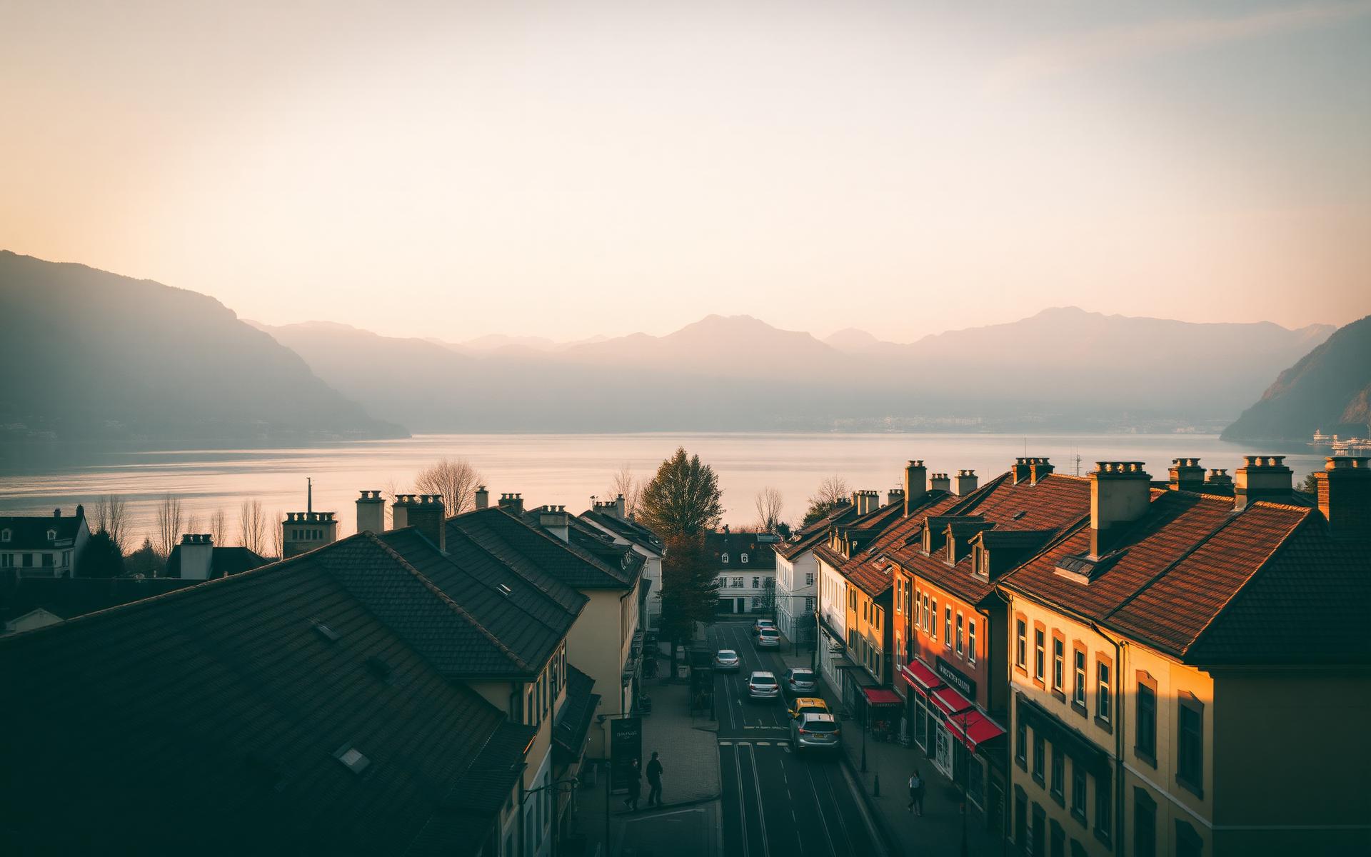 Cinematic view of a Swiss lake town at golden hour